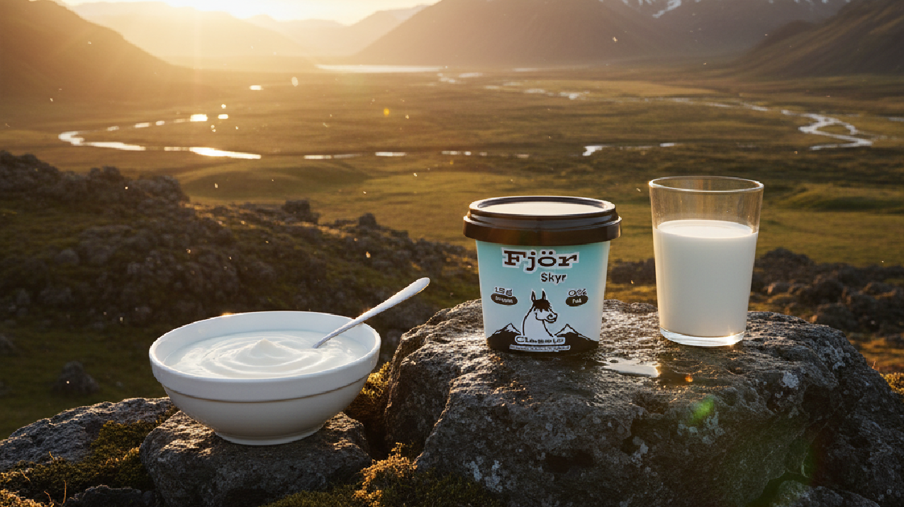 Container of Fjor yogurt with a glass of milk and a bowl on a rocky landscape.